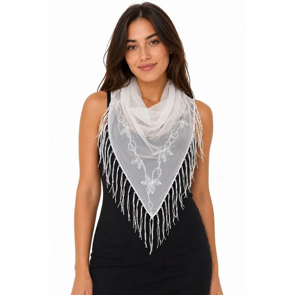 NWT Deb White Embroidered Sequin Fringe Triangle Scarf OS